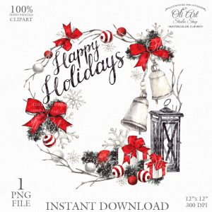 Merry Christmas Wreath Clip Art Digital Clipart Hand Drawn Graphic