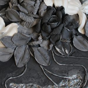 Round painting with flowers from decorative plaster, flower plaster sculpture, handmade wall decor.