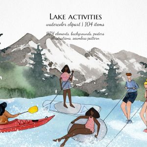 watercolor mountain lake clipart, people in lake illustrations