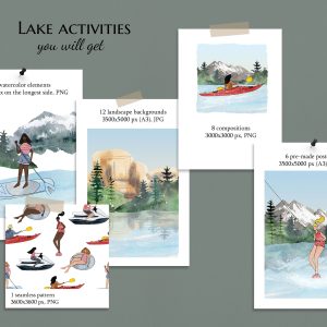 watercolor mountain lake clipart, people in lake illustrations