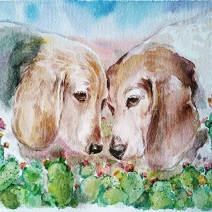 Two dogs profiles painting bue sky blooming cacti