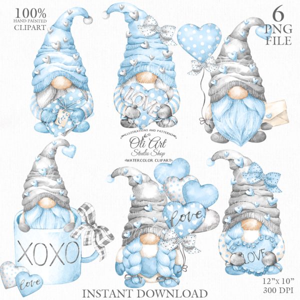 Watercolor Valentine’s blue Gnomes PNG clipart, love clipart