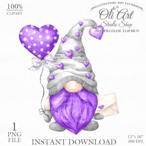 Watercolor Valentine’s Gnome PNG clipart, love clipart, Heart