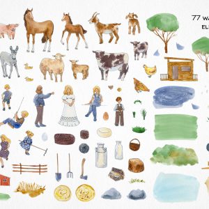 Farm animals clipart, Watercolor kids illustrations