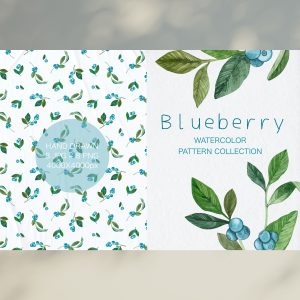 Watercolor Blueberry Seamless Pattern.Blueberries.Digital Berry Paper Pack.Forest Berries.Green Leaves