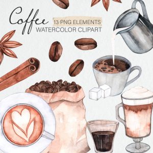 Watercolor Coffee Clipart.Coffee Drinks Illustration.Coffee Cup.Coffee Latte.Cappuccino.Espresso