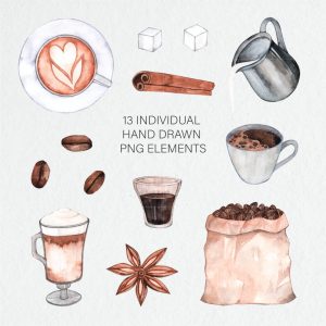 Watercolor Coffee Clipart.Coffee Drinks Illustration.Coffee Cup.Coffee Latte.Cappuccino.Espresso