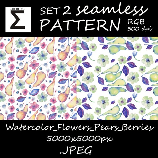 Watercolor Flowers Pears Berries Seamless pattern Design fabric & clothers Printing wallpaper Endless Background DIY Make a design Instant Download.