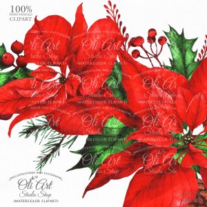 Merry Christmas Wreath Clip Art. Poinsettia. Digital Clipart