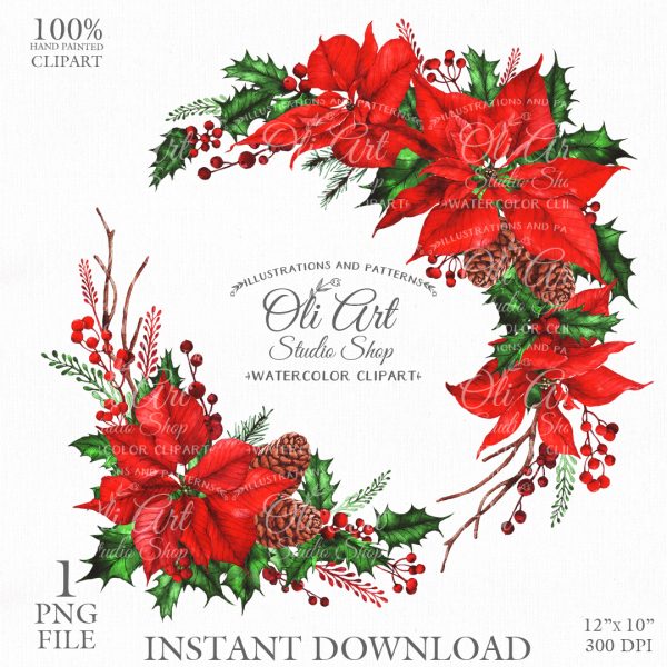 Merry Christmas Wreath Clip Art. Poinsettia. Digital Clipart