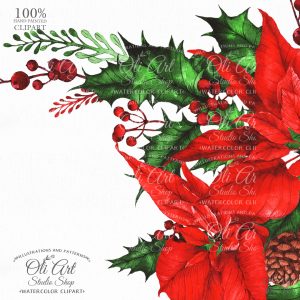 Merry Christmas Wreath Clip Art. Poinsettia. Digital Clipart