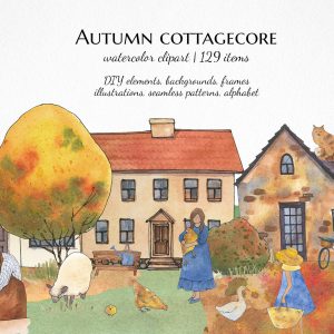 Cottagecore fall clipart, Watercolor autumn illustrations