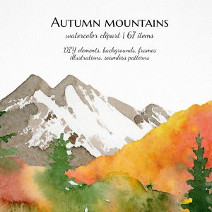 watercolor autumn mountain clipart, fall landscape illustration