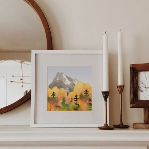 watercolor autumn mountain clipart, fall landscape illustration
