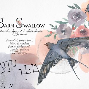 watercolor floral bird clipart, dusty blue and coral abstract shapes