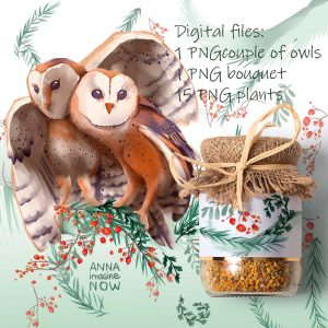 A couple of Barn owls winter Christmas bag clipart