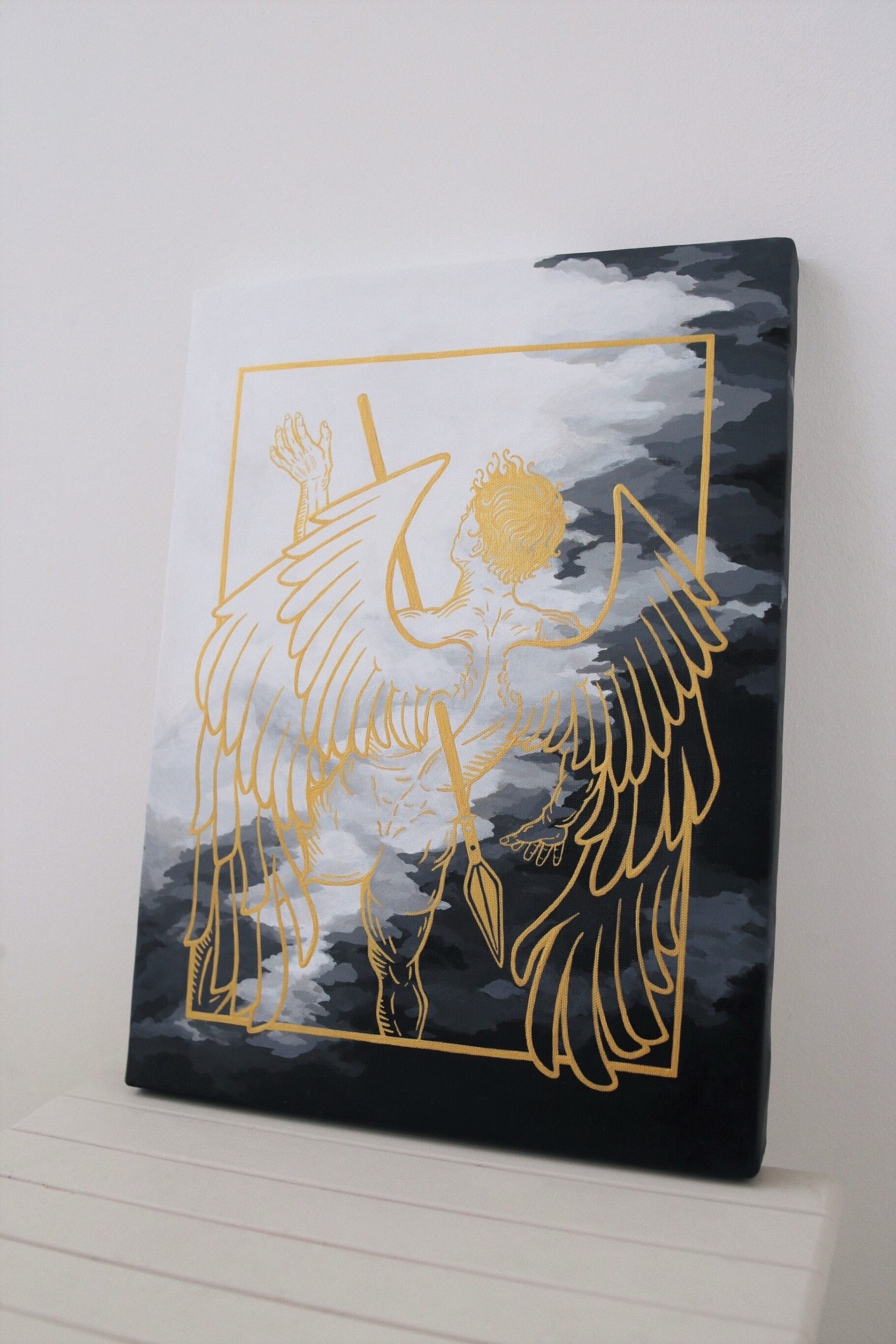 Angel Drawing, Wall Art, Original Angel Art, Gold Angel, Golden