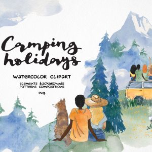 watercolor camping travel clipart, mountain landscape illustration