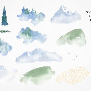 watercolor camping travel clipart, mountain landscape illustration