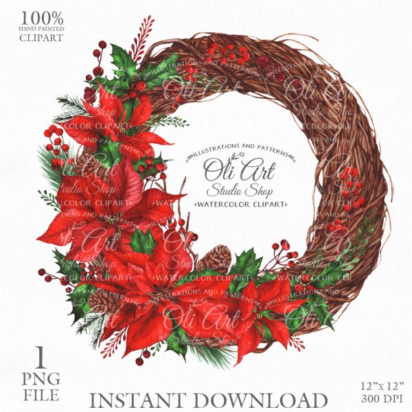 Merry Christmas Wreath Clip Art. Poinsettia. Digital Clipart