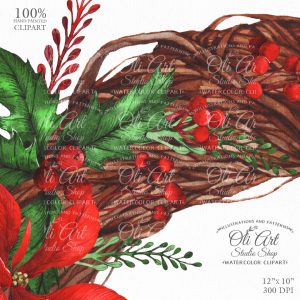Merry Christmas Wreath Clip Art. Poinsettia. Digital Clipart