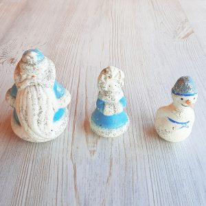 Old Soviet plaster Christmas toys – vintage Russian small decor dolls: Santa, Snowgirl & Snowman