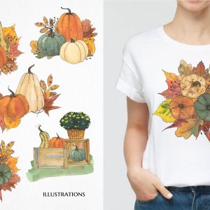 Watercolor fall clipart, Autumn country landscape illustrations
