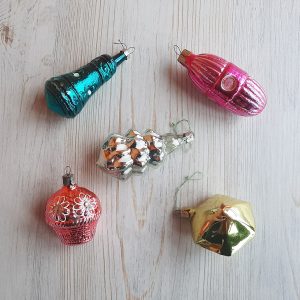 Five glass vintage Christmas ornaments USSR – Old Russian New Year Tree decor toys