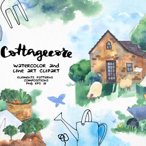 Cottagecore farm clipart, Summer country house illustrations