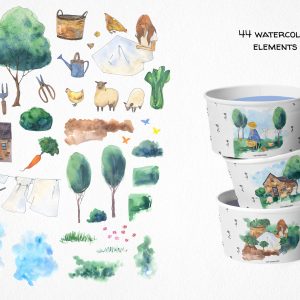 Cottagecore farm clipart, Summer country house illustrations