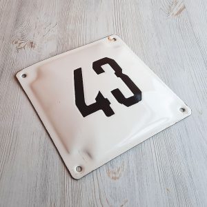 Old Soviet address number plate 43 – vintage house number sign white black