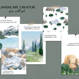 Landscape creator clipart, watercolor mountain forest illustrations