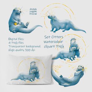 Cute watercolour otters digital clipart png sea river animals