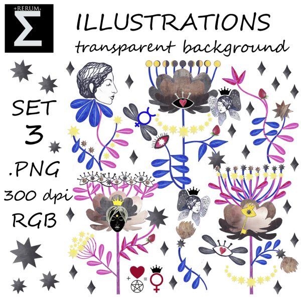 Clipart Illustrations Astrology garden Venus Mercury Moon Art drawing patterns Watercolor painting DIY Make a design