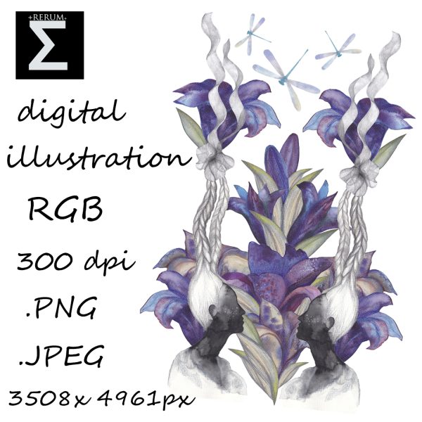 Silhouette purple Flowers Dragonflies Watercolor illustration Art pattern Designer print DIY Clipart for Instant Download