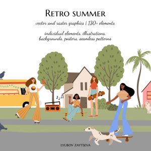 retro summer clipart, black girl roller skates illustrations