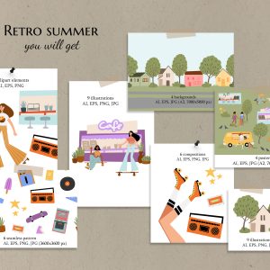 retro summer clipart, black girl roller skates illustrations
