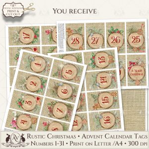 Rustic Xmas Advent Calendar tags 2.3x3.8 in Printable