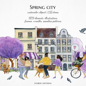 watercolor spring city clipart, black couples illustrations