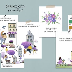 watercolor spring city clipart, black couples illustrations
