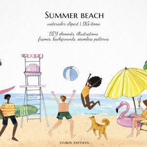 watercolor summer beach clipart, people on beach illustrations