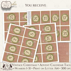 Xmas Advent Calendar tags December Daily 2.3x3.8 in Printable