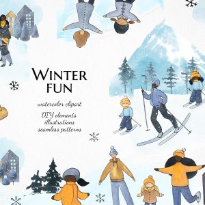 winter clipart, watercolor family outdoor activities illustrations