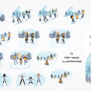 winter clipart, watercolor family outdoor activities illustrations