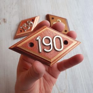 Address room wooden number sign 190 – vintage apartment door number plate rhomb