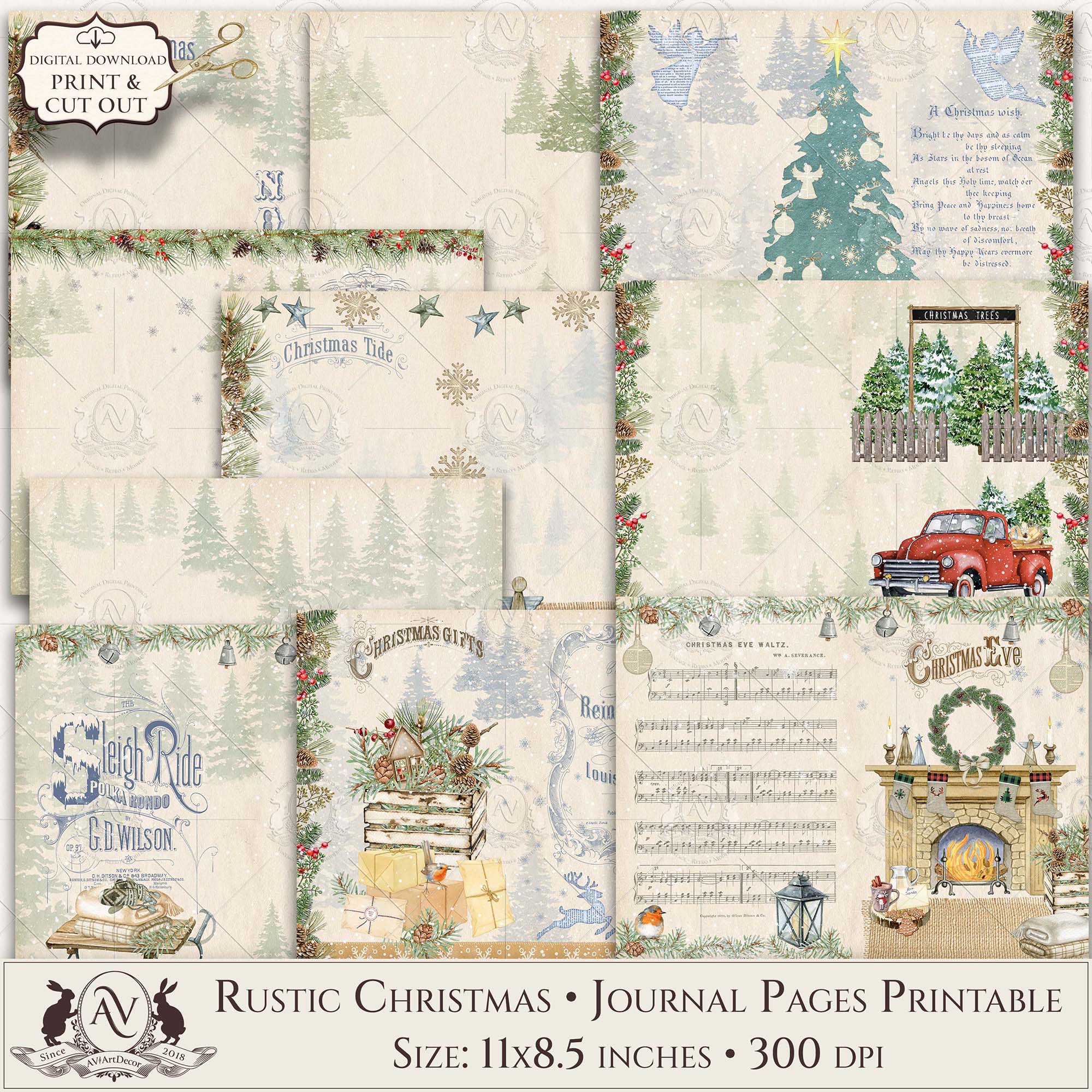 Rustic Christmas junk journal pages printable