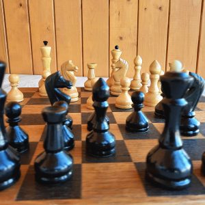 Russian vintage chess set: chess pieces Yunost + wooden Mordovian chess board