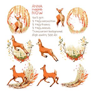 Deer set digital clipart png forest wood animals print autumn fall leaves frame orange red Bambi