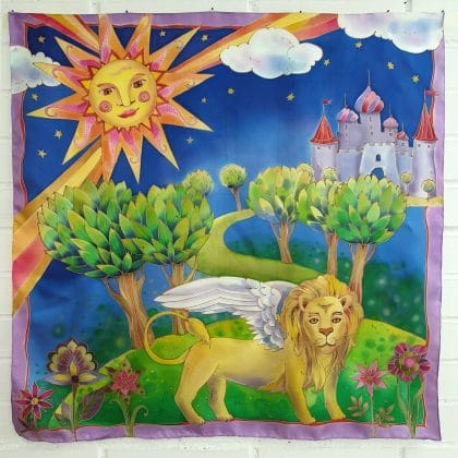 Hand painted silk scarf with a winged lion