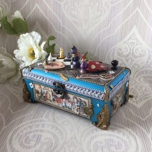 Decorative Wooden box-book based on "Alice in Wonderland" is suitable for two decks of solitaire cards or Tarot cards. It is convenient to store jewelry or small items in it.